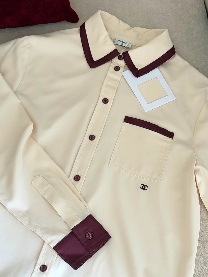 Chanel Long Sleeved Shirt in Silk Light Yellow and Burgundy