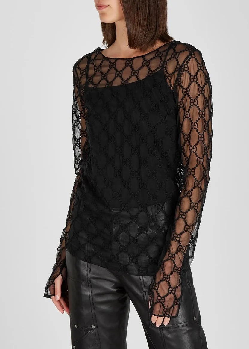 Gucci Black GG-embroidered Tulle Top