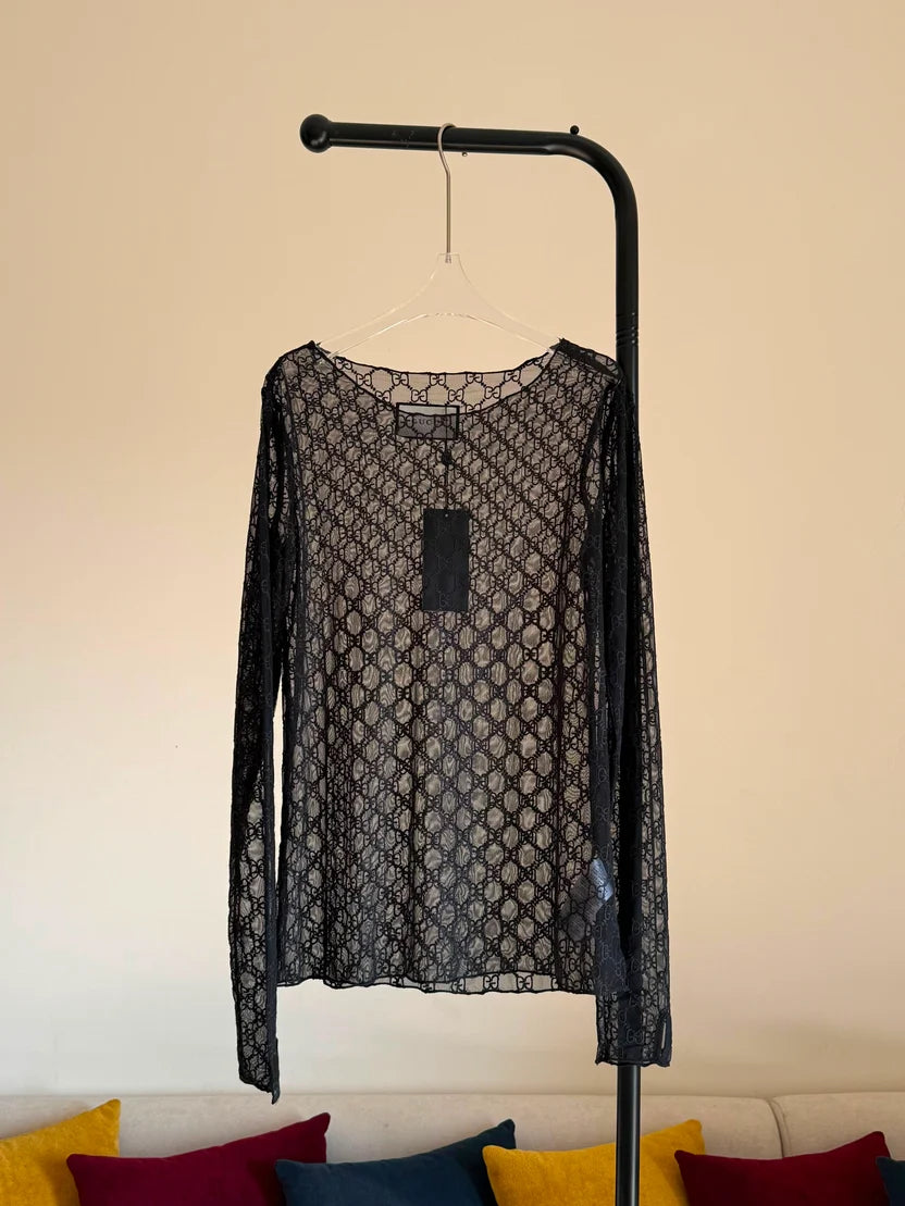 Gucci Black GG-embroidered Tulle Top
