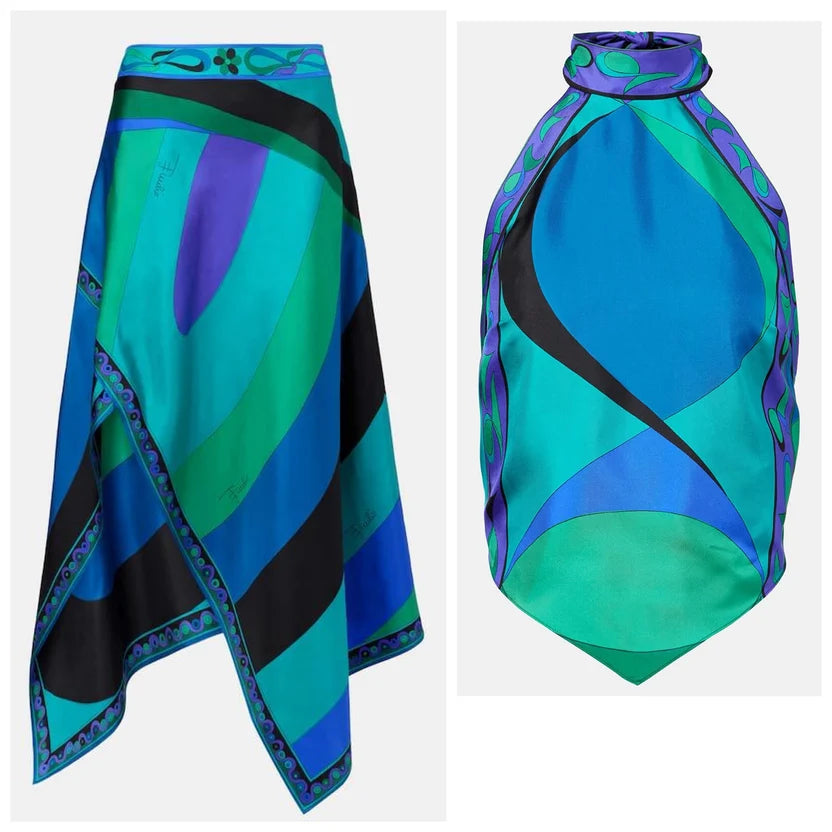 Pucci Blue Iride Asymmetric Silk Set