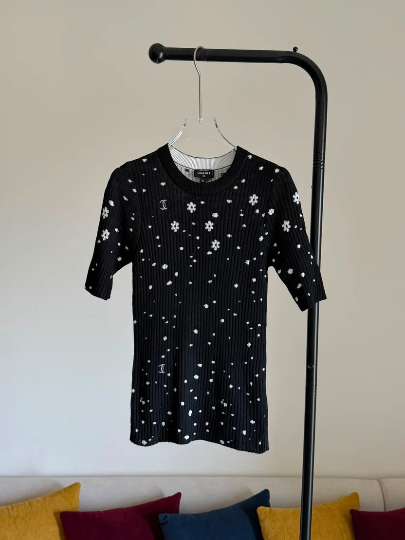 Chanel Short-Sleeve Rib-Knit Sweater