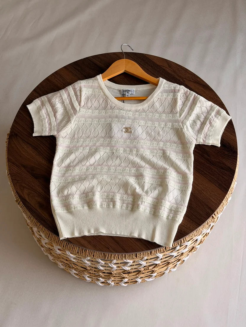 Chanel Chevron Pointelle Open-Knit Short-Sleeve Top
