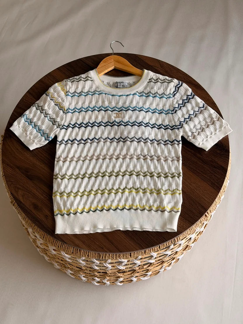 Chanel Chevron Pointelle Open-Knit Short-Sleeve Top