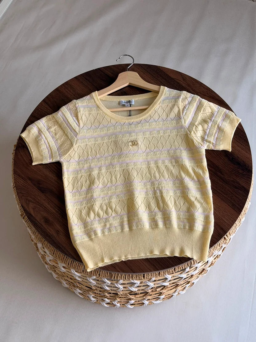 Chanel Chevron Pointelle Open-Knit Short-Sleeve Top