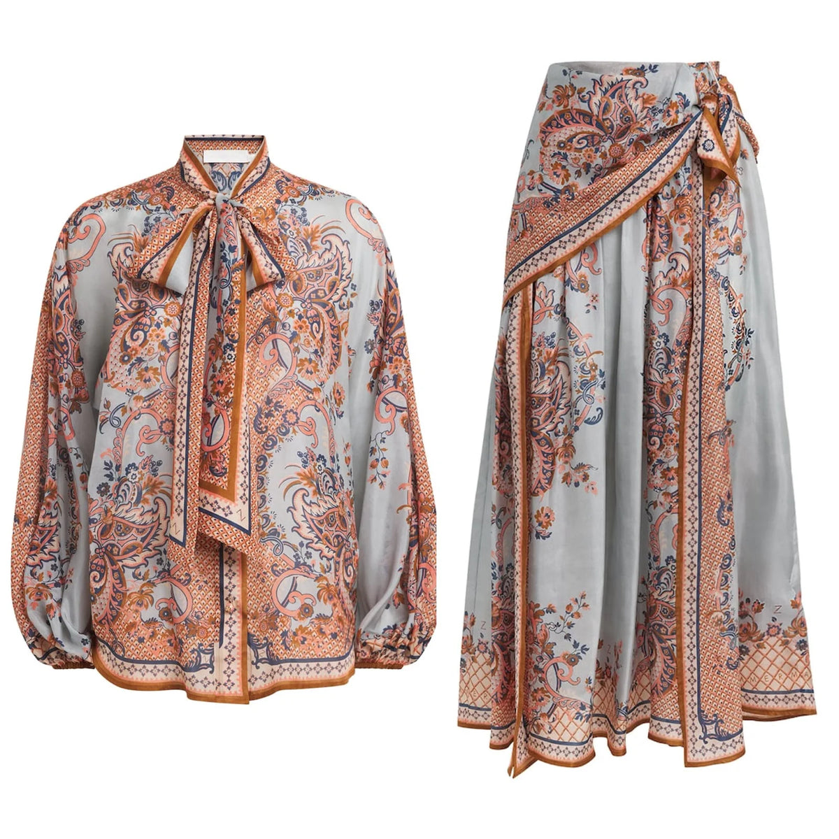 Zimmermann Aster Tie-Neck Blouse and Aster Scarf Midi Skirt Set