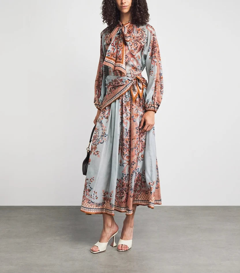 Zimmermann Aster Tie-Neck Blouse and Aster Scarf Midi Skirt Set