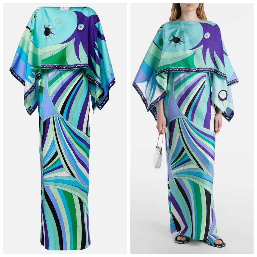 Pucci Iride Caped Silk Twill Maxi Dress