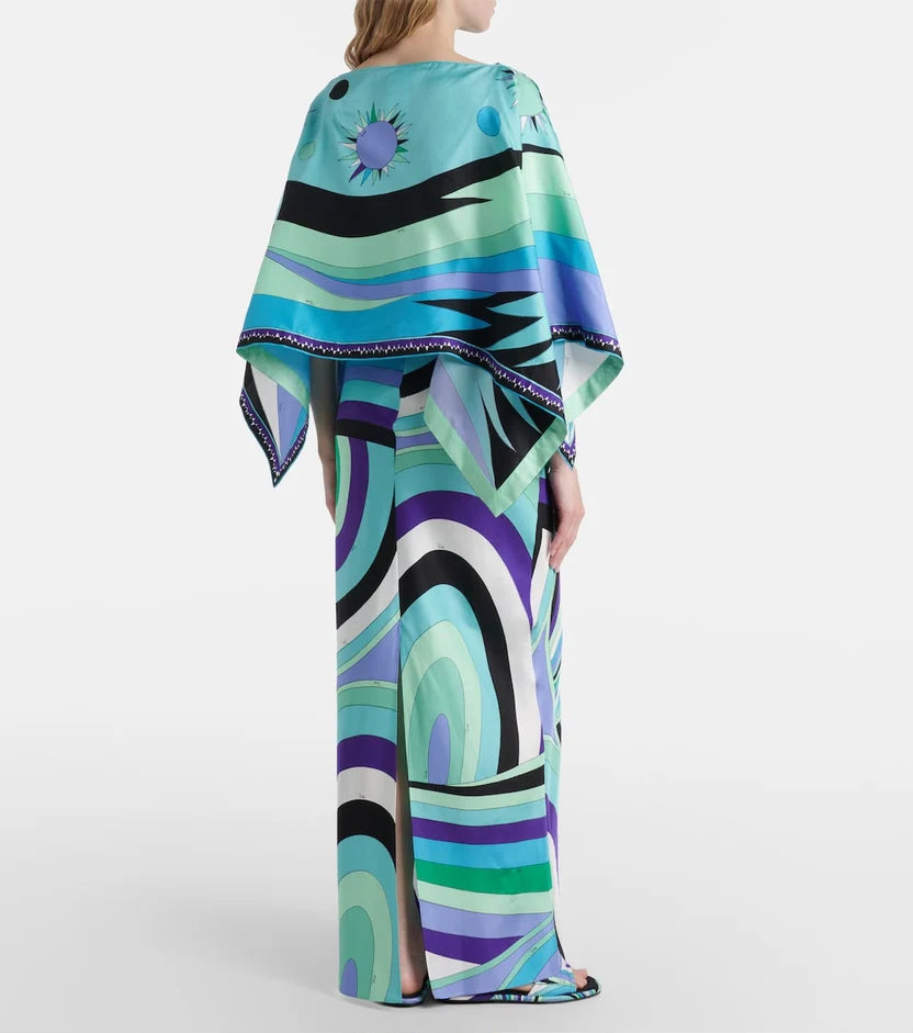 Pucci Iride Caped Silk Twill Maxi Dress