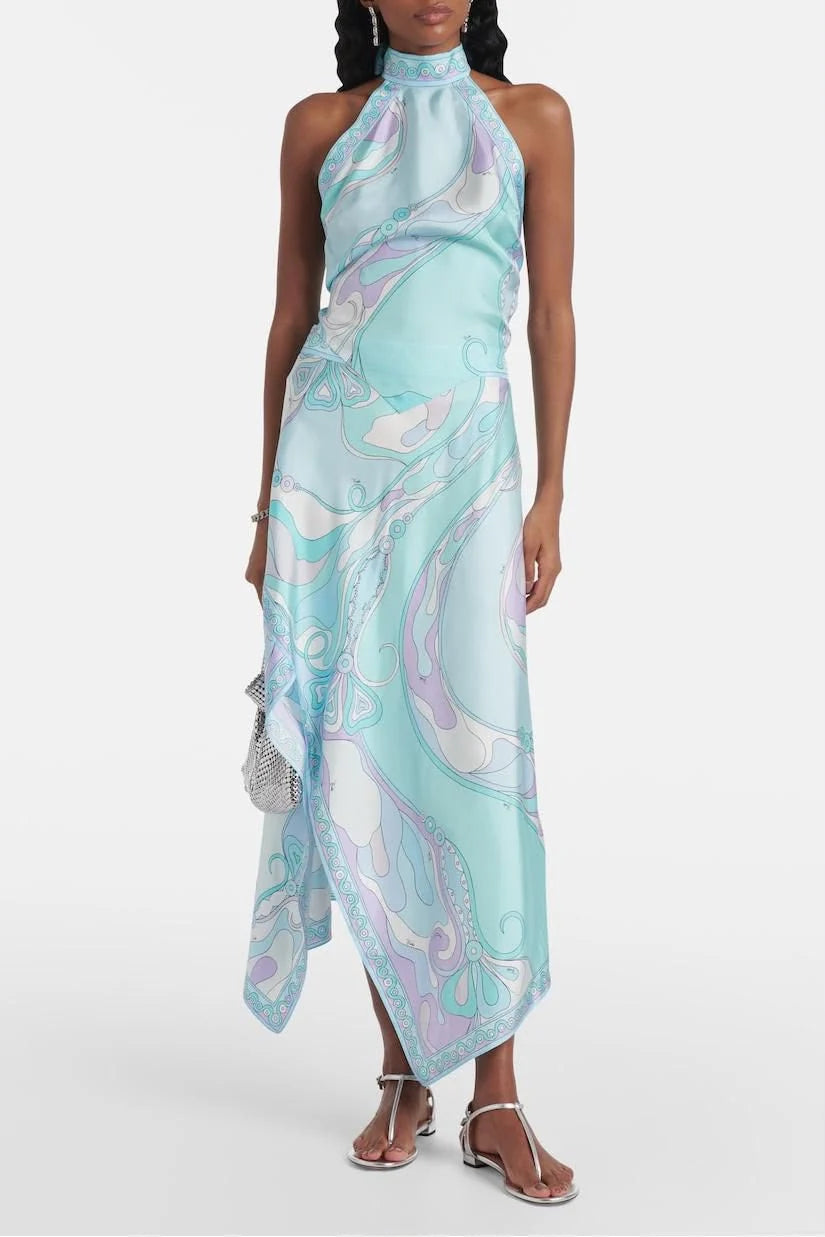 Pucci Orchidee Silk Twill Halterneck Top and Matching Maxi Skirt Set