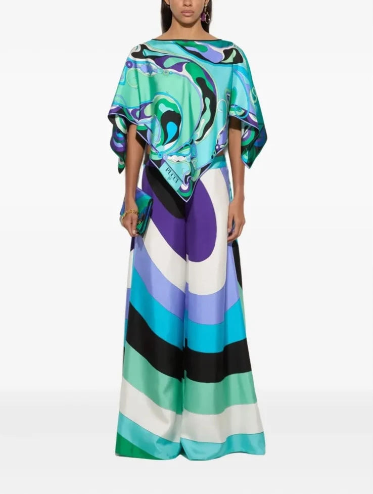 Pucci Orchidee-Print Silk-Twill Cape Top and Iride-Print Wide-Leg Pants Matching Set