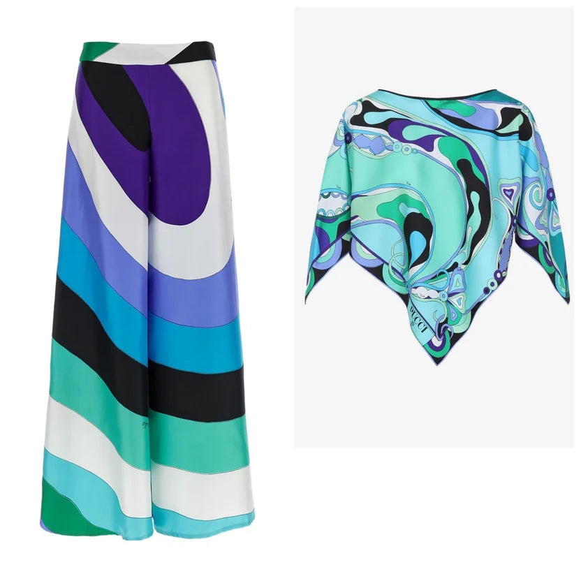 Pucci Orchidee-Print Silk-Twill Cape Top and Iride-Print Wide-Leg Pants Matching Set