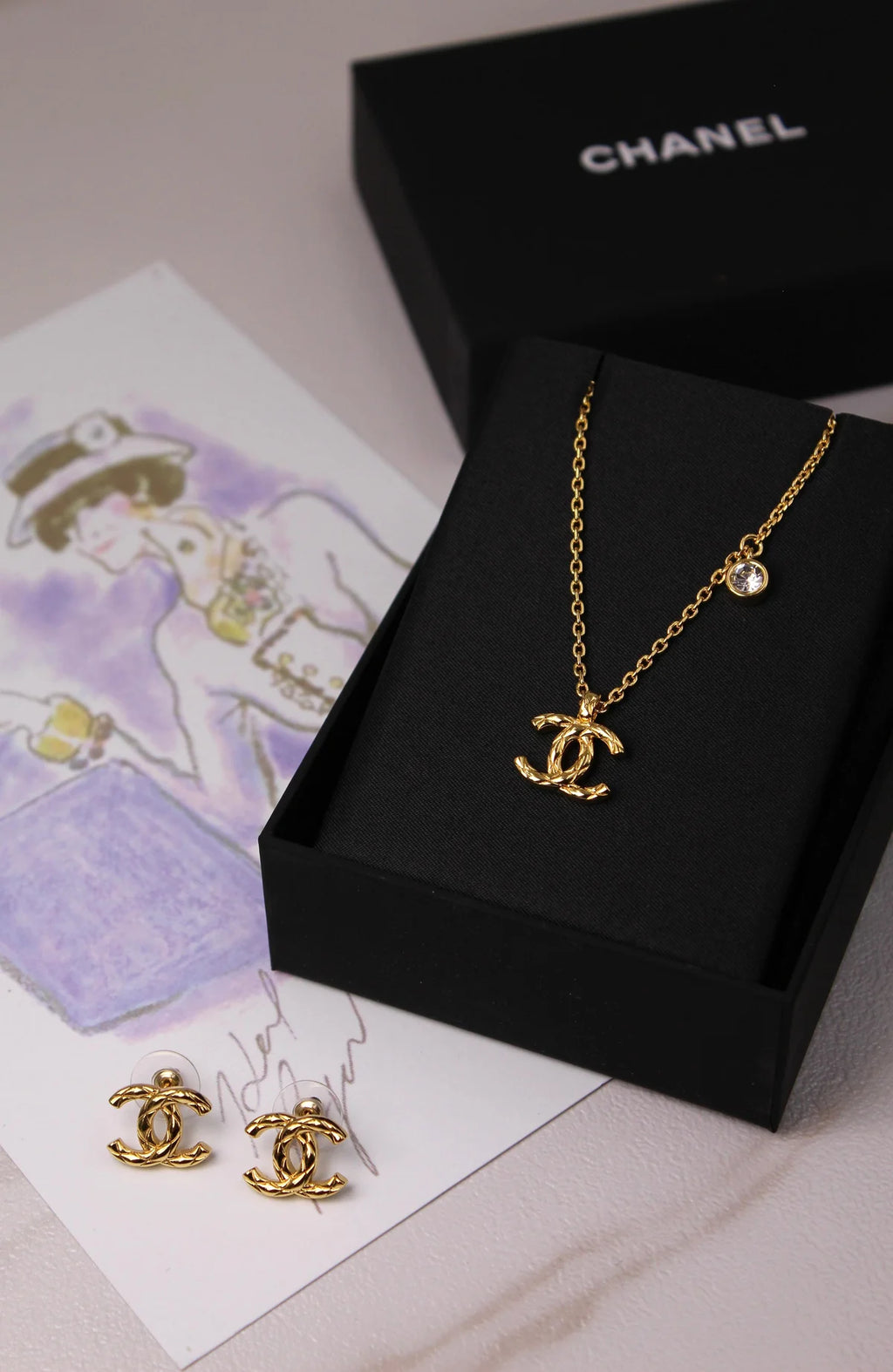 Chanel Textured Quilted CC Necklace & Earrings Set