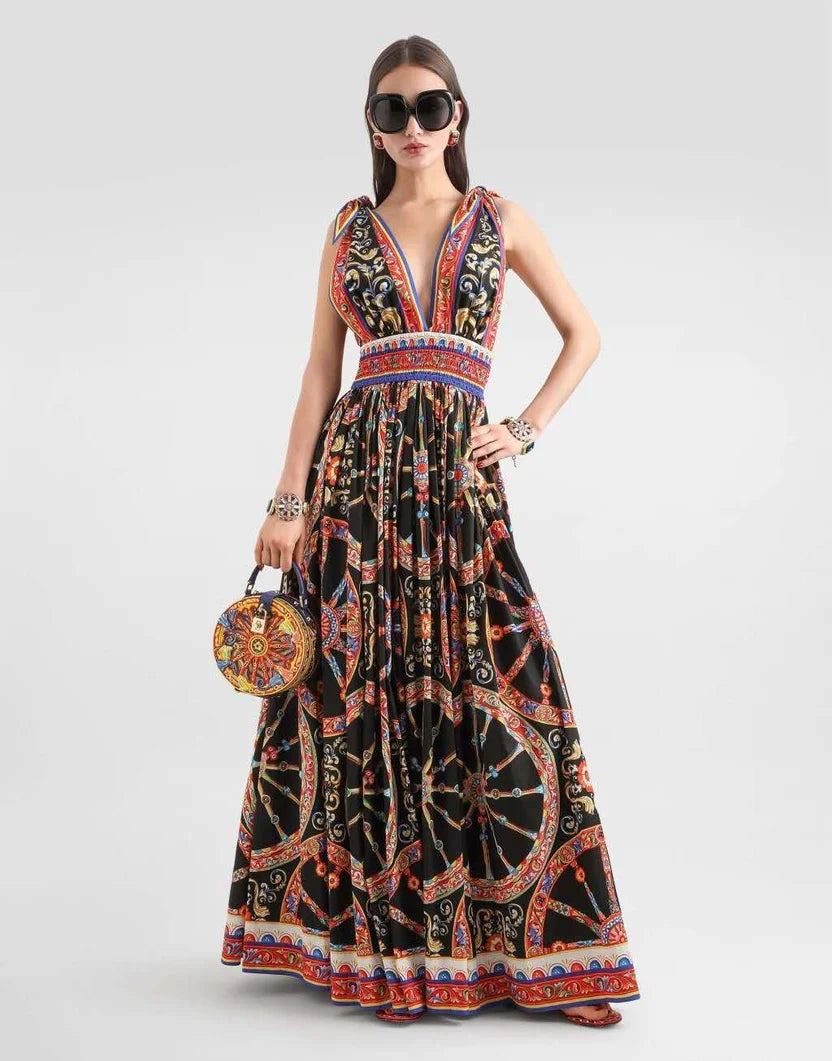 Dolce & Gabbana Carretto-print Long Poplin Dress