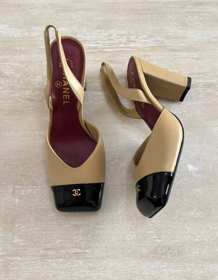 Chanel Square-Toe Block-Heel Slingbacks