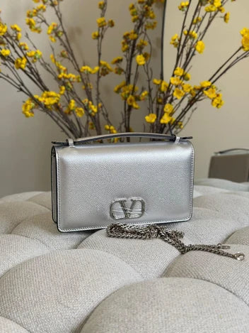 Valentino Garavani VLogo Signature Metallic Grainy Calfskin Wallet with Chain