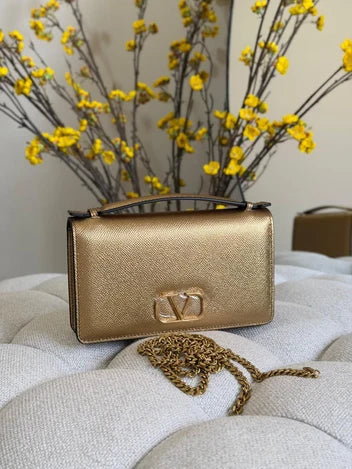 Valentino Garavani VLogo Signature Metallic Grainy Calfskin Wallet with Chain