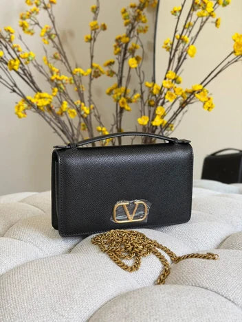 Valentino Garavani VLogo Signature Metallic Grainy Calfskin Wallet with Chain