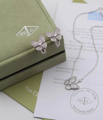 Van Cleef & Arpels Two Butterfly Diamond Pendant and Earrings Set