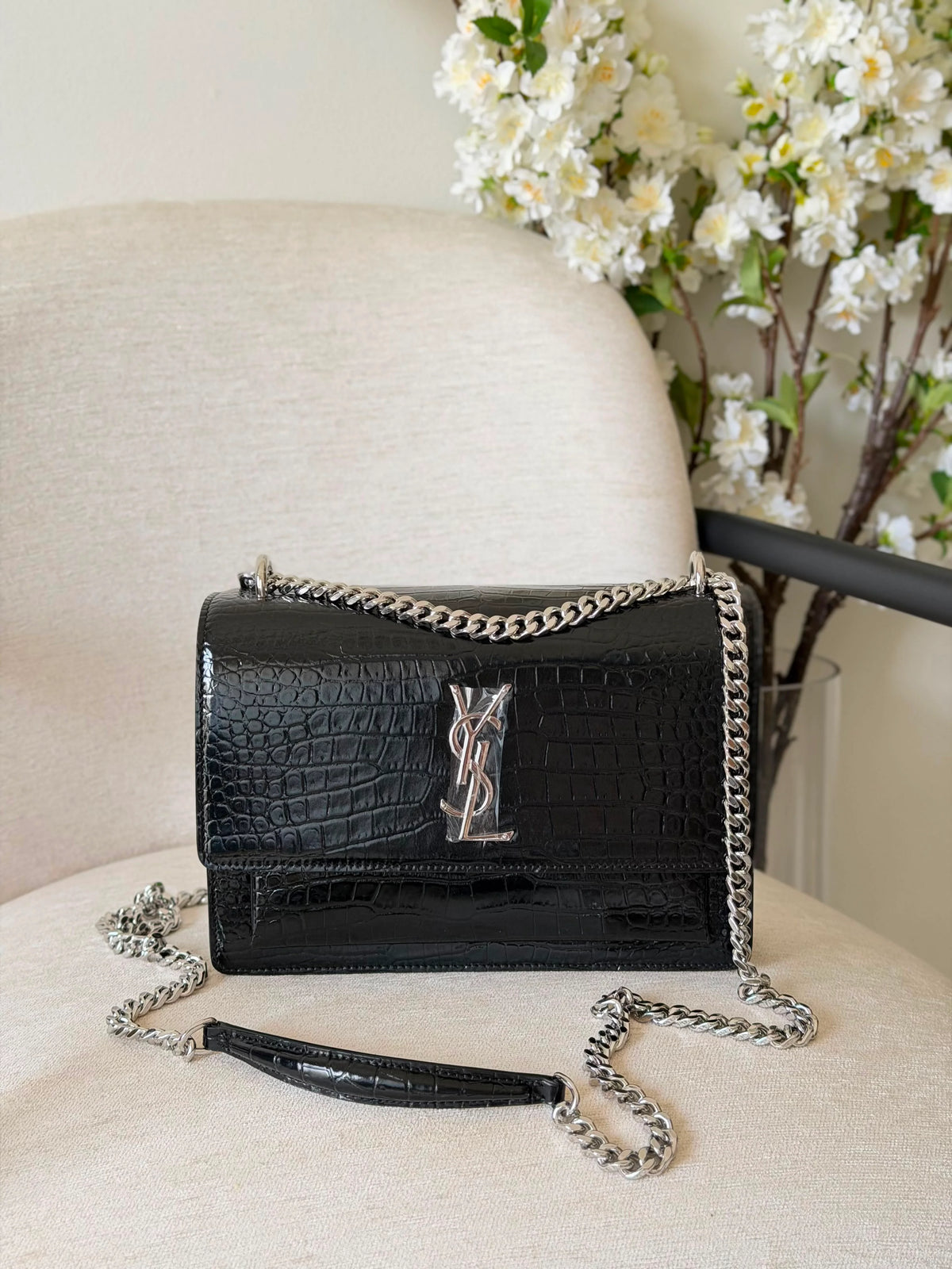 Saint Laurent Sunset Bag Crocodile-Embossed Leather