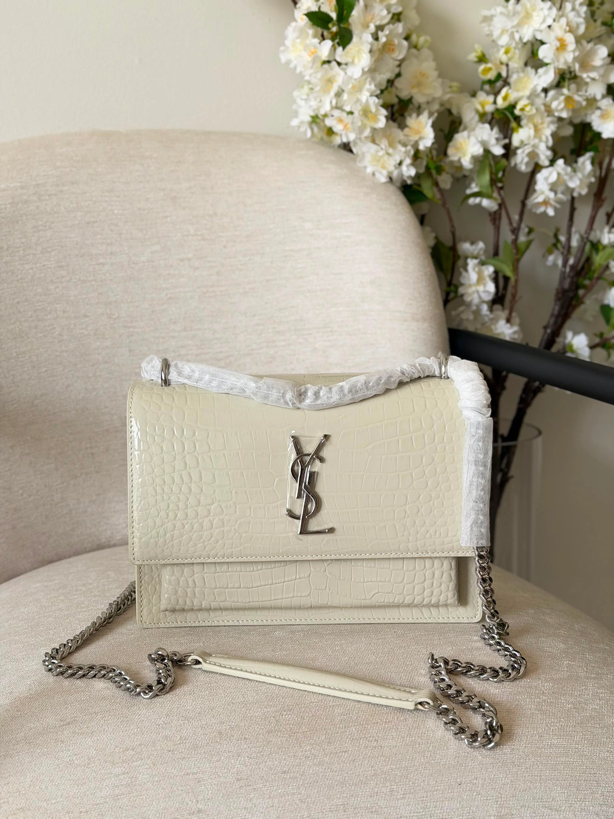 Saint Laurent Sunset Bag Crocodile-Embossed Leather