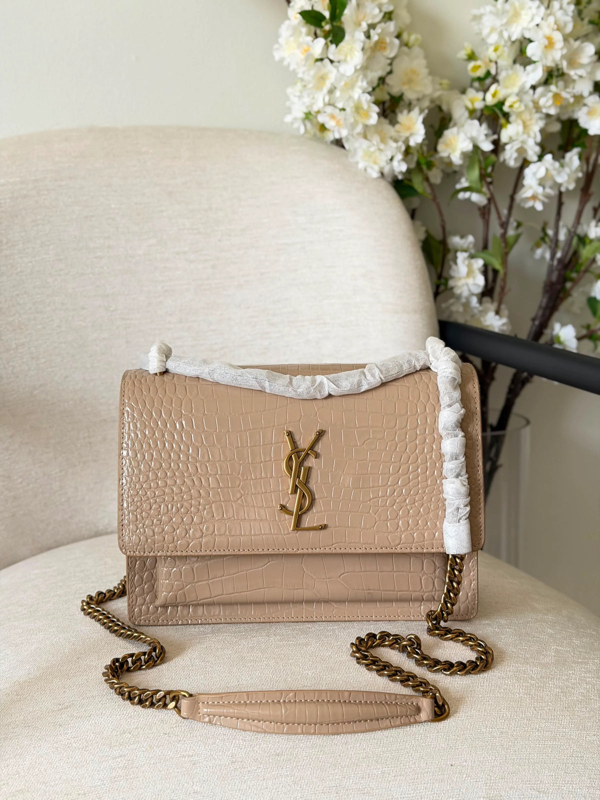 Saint Laurent Sunset Bag Crocodile-Embossed Leather