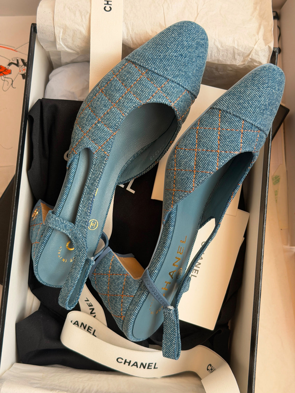 Chanel Quilted Denim Slingback Heels