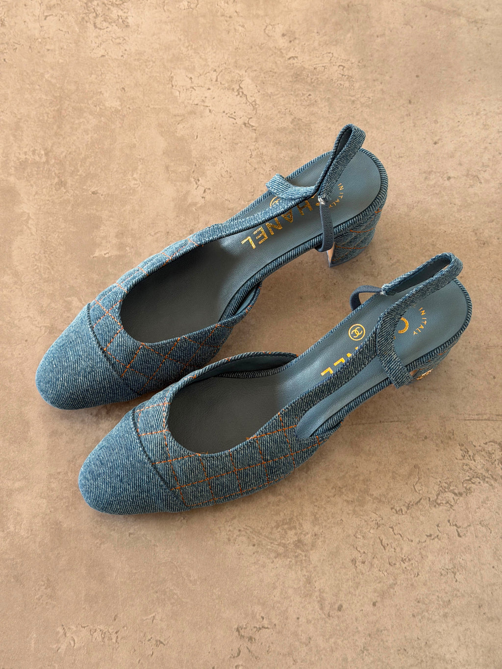 Chanel Quilted Denim Slingback Heels