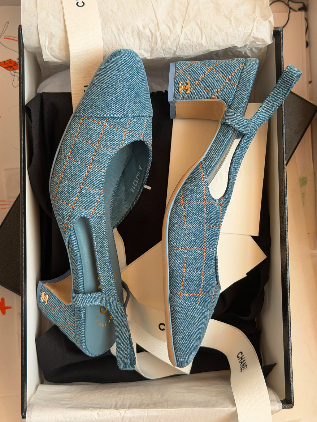 Chanel Quilted Denim Slingback Heels