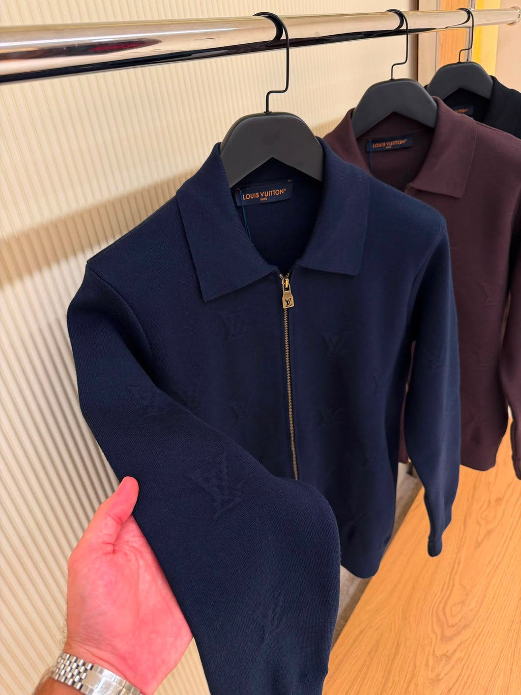 LV Zip-Up Collared Knit Cardigan