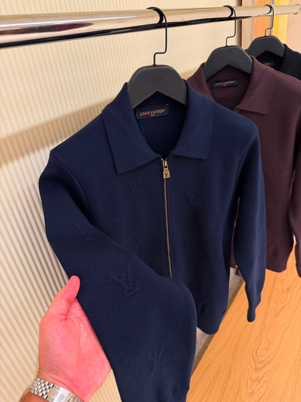 LV Zip-Up Collared Knit Cardigan