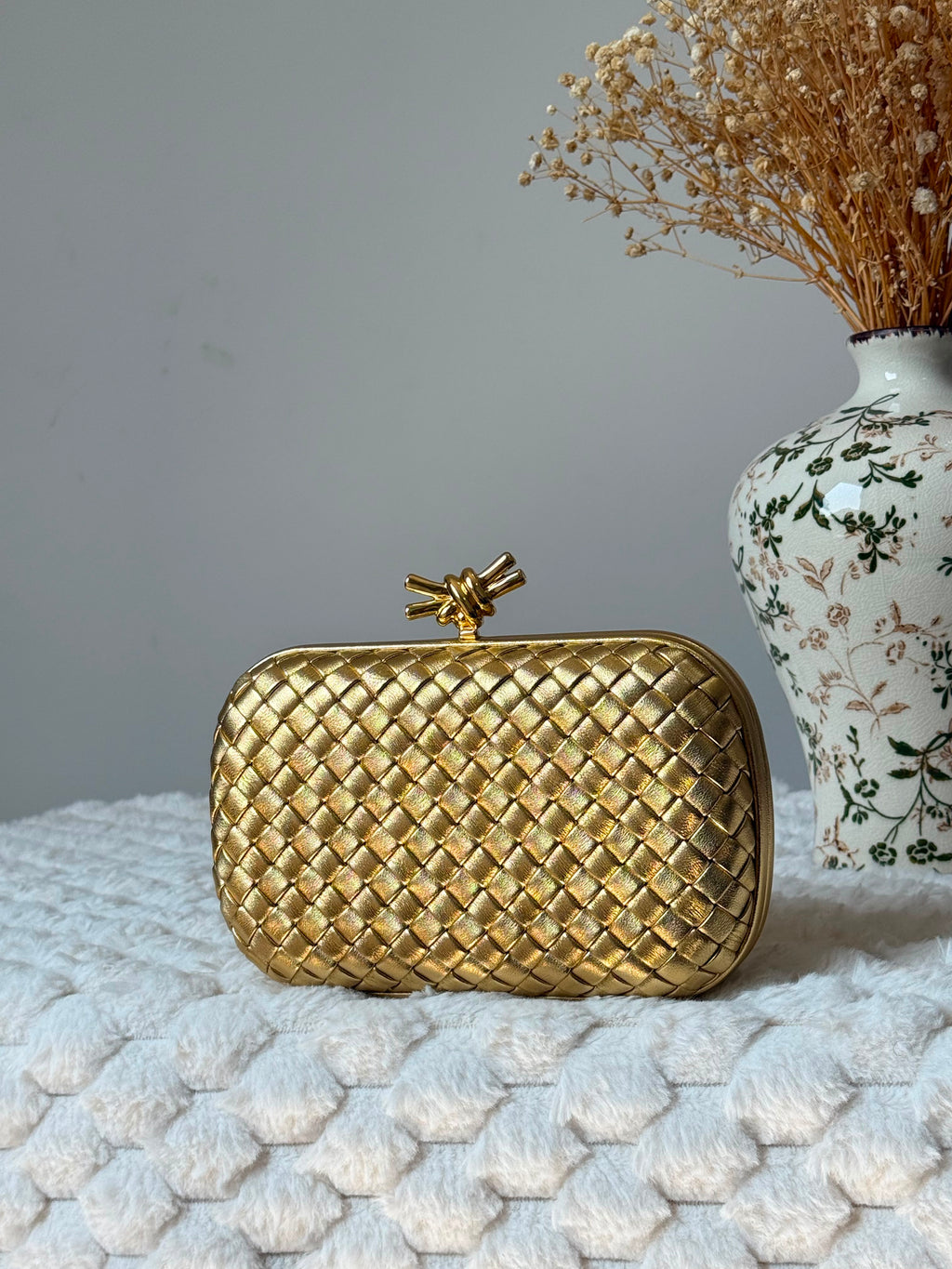 Bottega Veneta Metallic & Leather Intrecciato Knot Clutch Bag