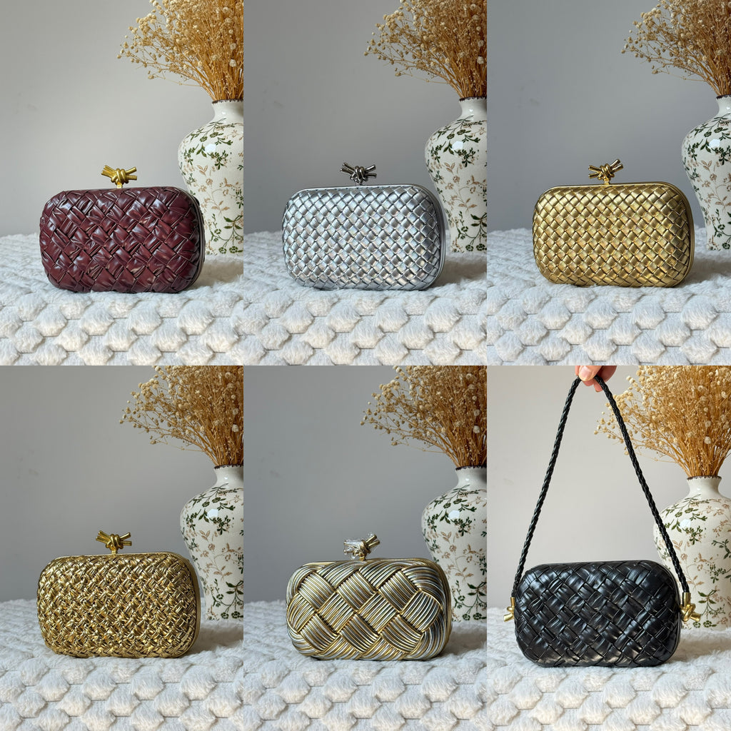Bottega Veneta Metallic & Leather Intrecciato Knot Clutch Bag