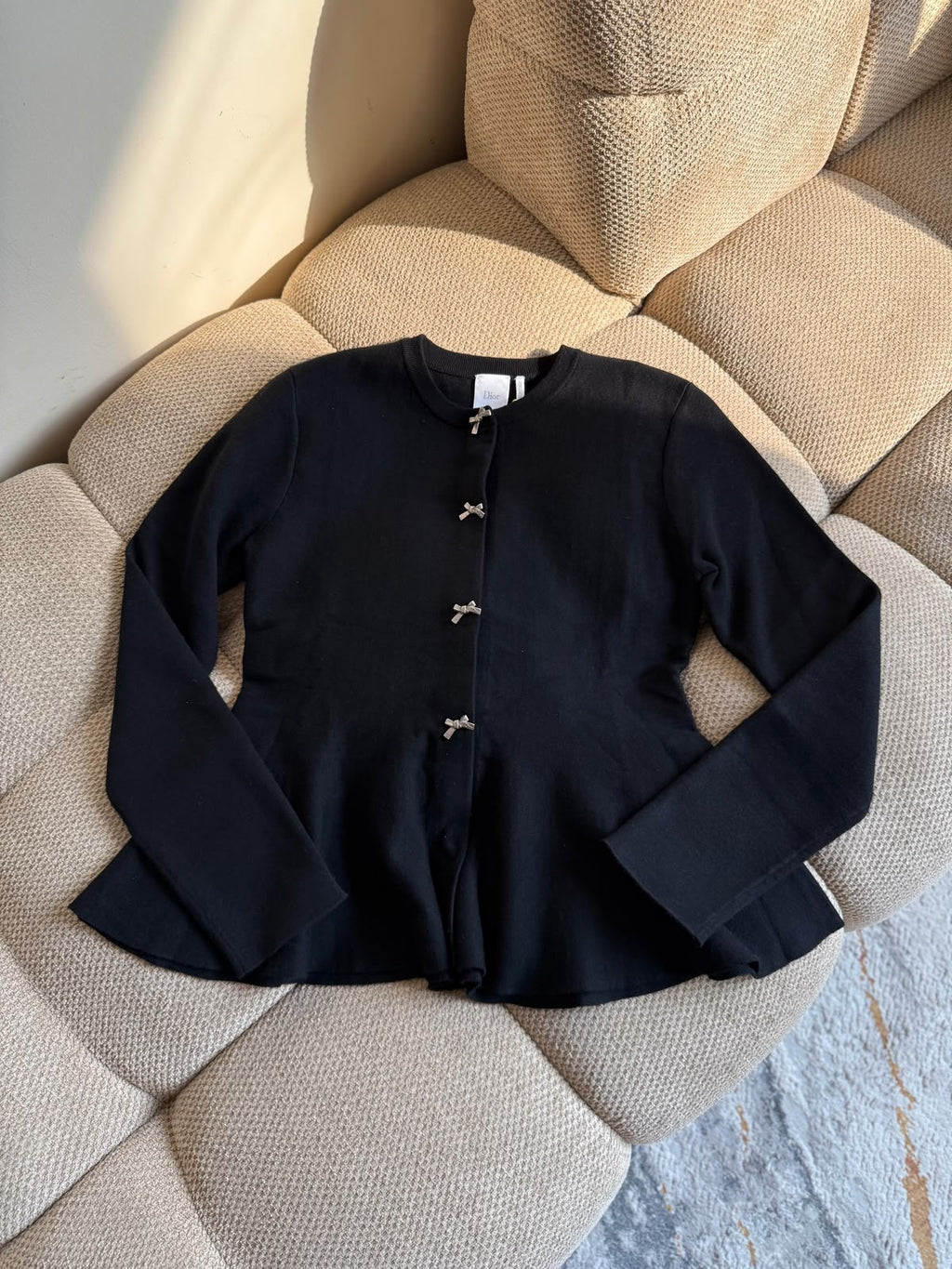 Dior Black Peplum Knit Cardigan with Crystal Bow Buttons