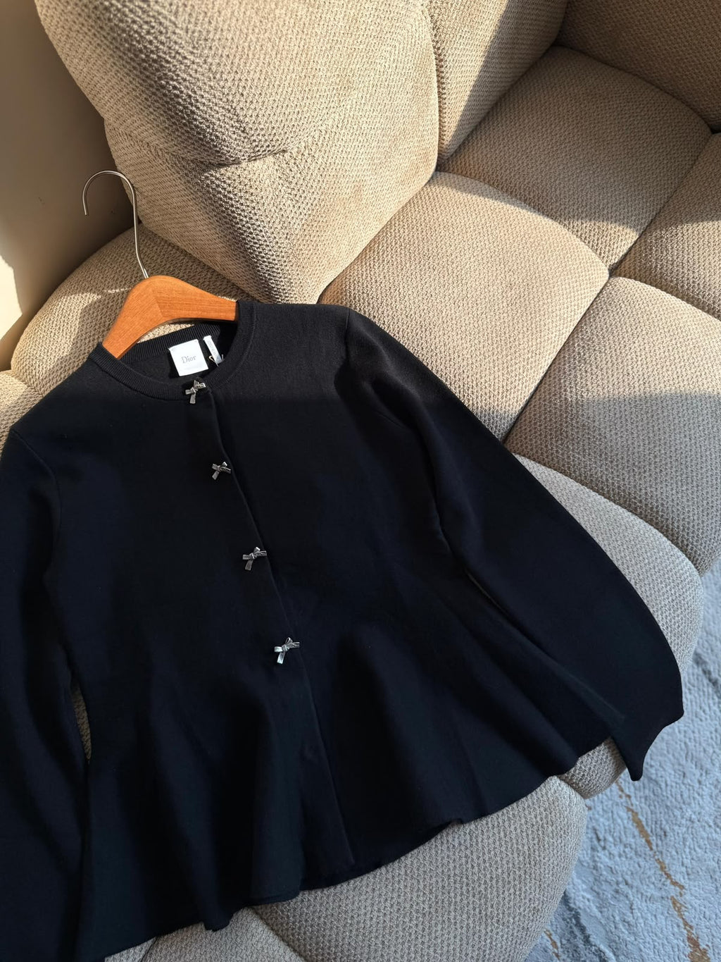 Dior Black Peplum Knit Cardigan with Crystal Bow Buttons