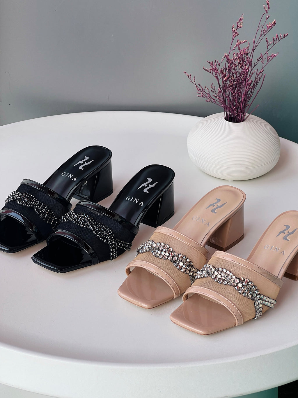 Gina Crystal-Embellished Block Heel Mules