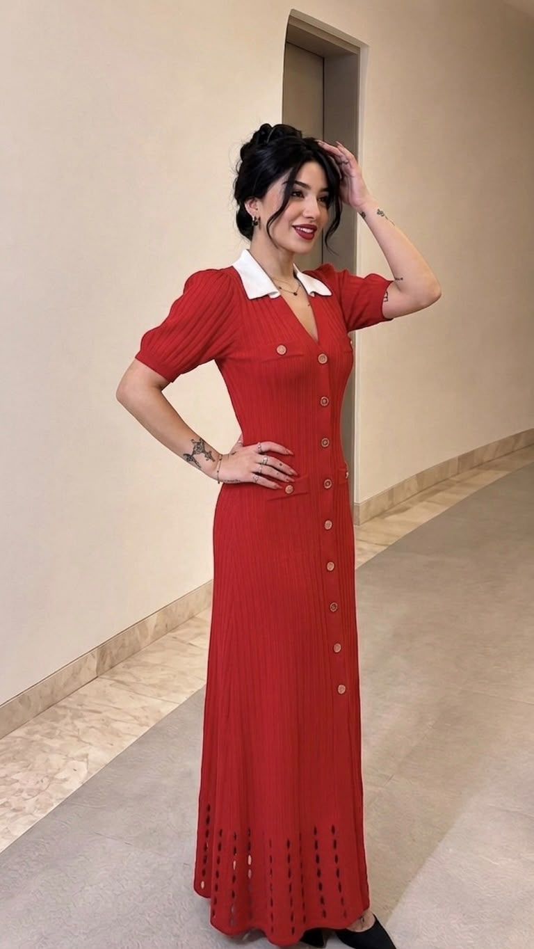Chanel Button-Front Collared Knit Midi Dress