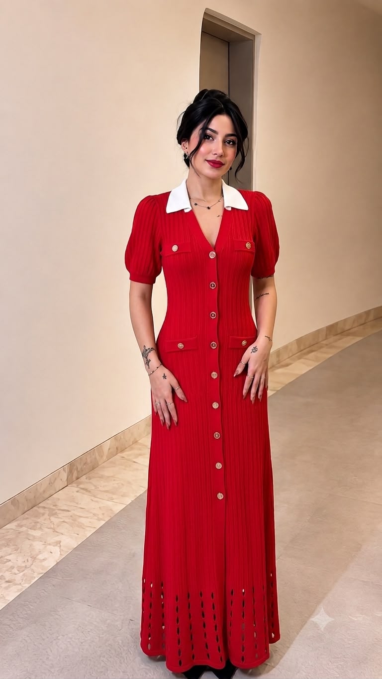 Chanel Button-Front Collared Knit Midi Dress