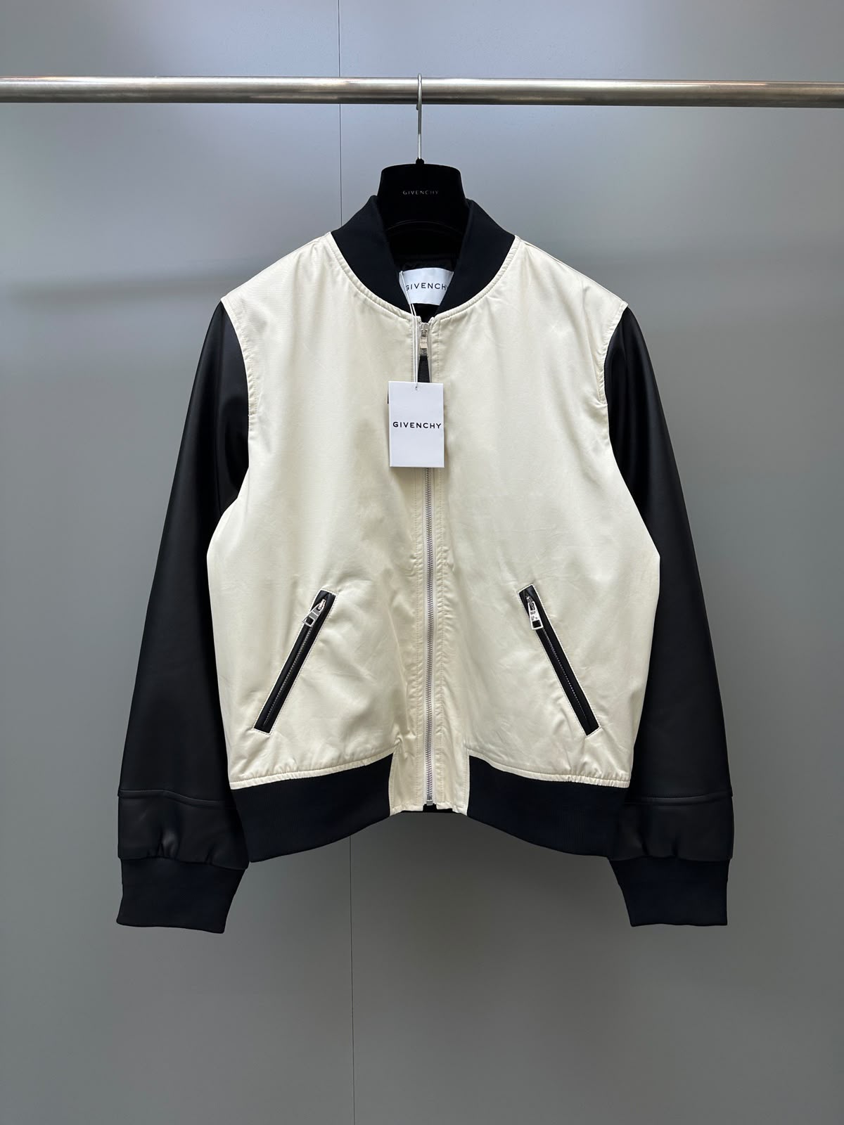 Givenchy Paris Leather Sleeve Bomber Jacket