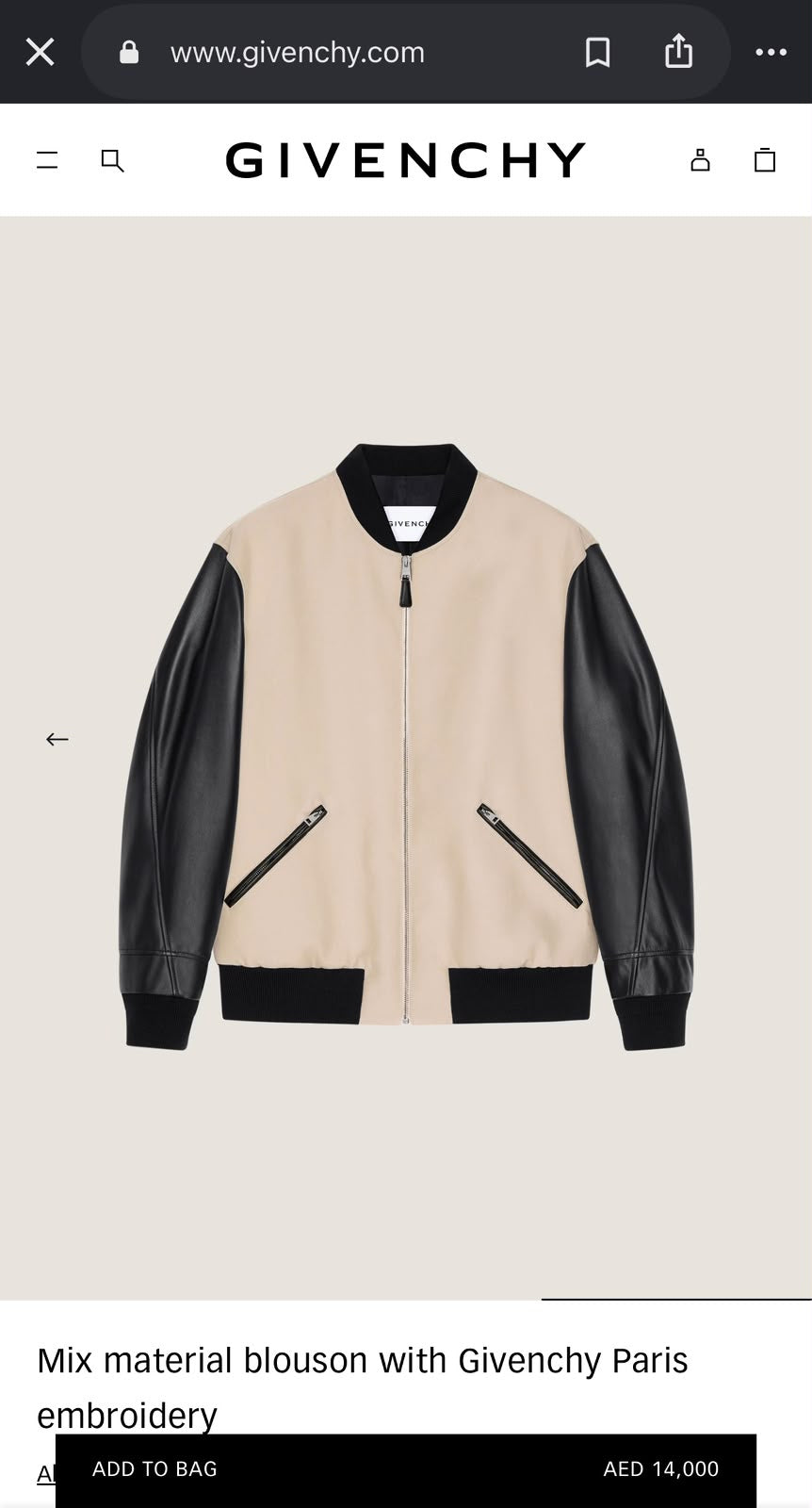 Givenchy Paris Leather Sleeve Bomber Jacket