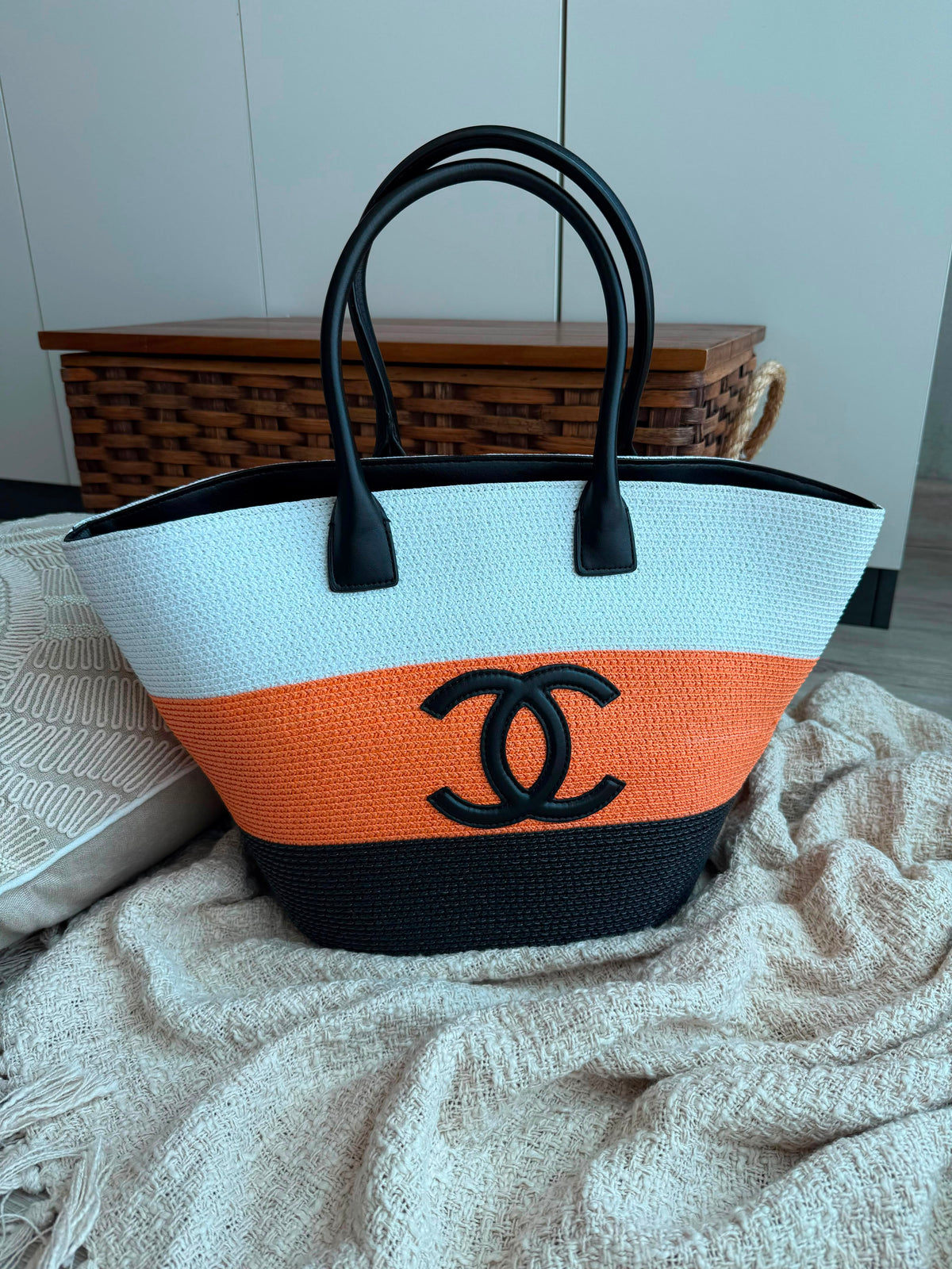 Chanel Coco Beach Striped Shopping Tote