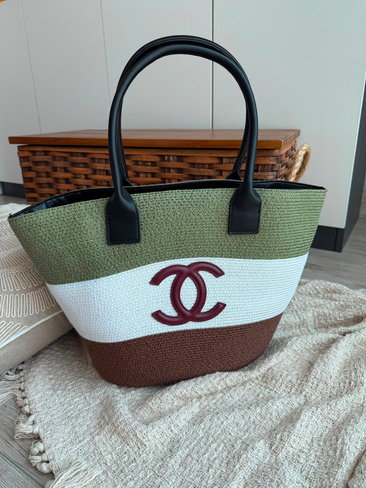 Chanel Coco Beach Striped Shopping Tote