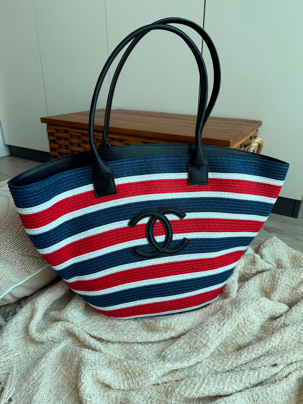 Chanel Coco Beach Striped Shopping Tote