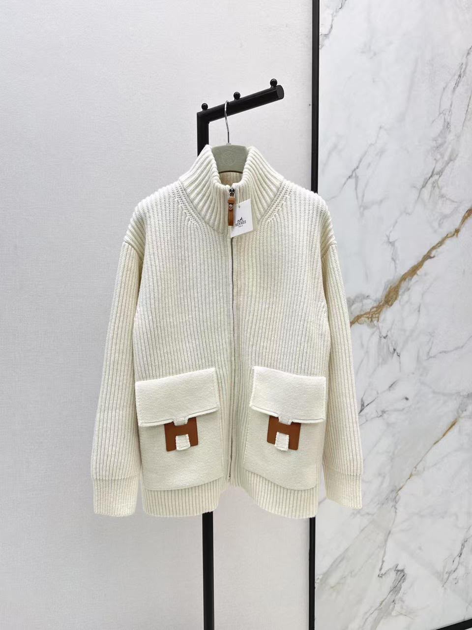 Hermès Ribbed Knit Zip-Up Cardigan with Leather