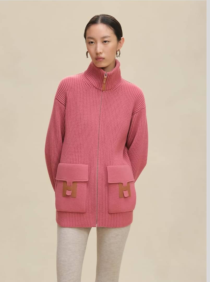 Hermès Ribbed Knit Zip-Up Cardigan with Leather