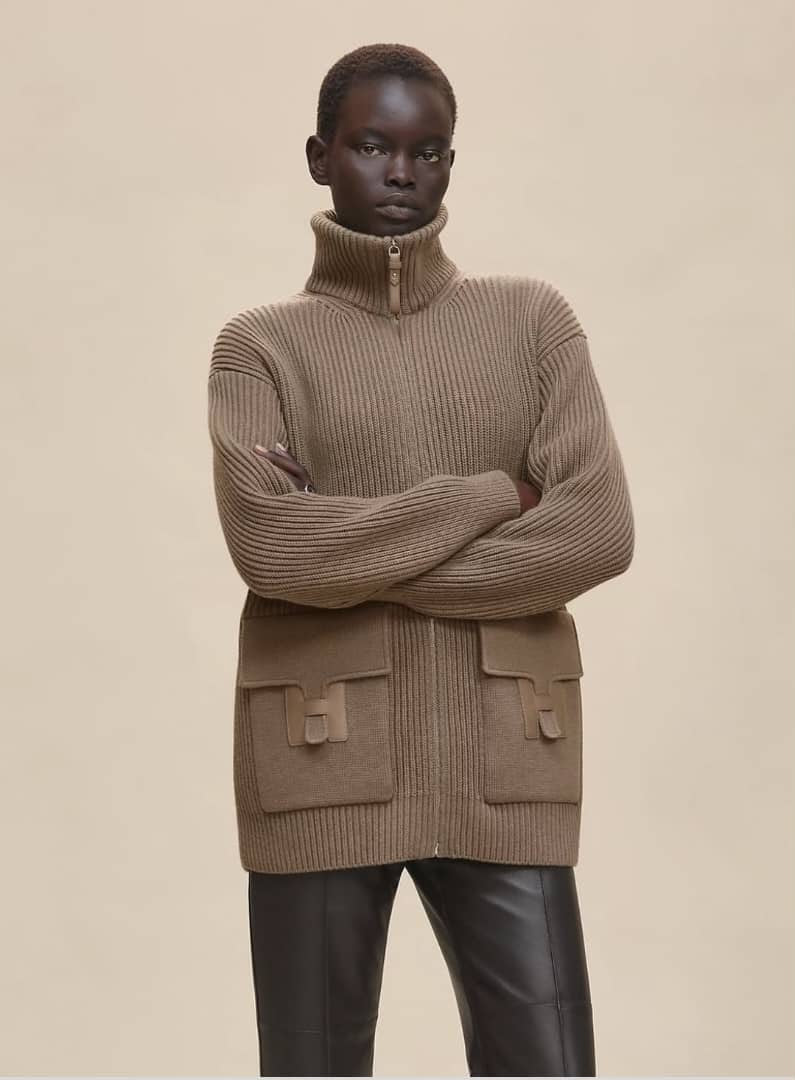 Hermès Ribbed Knit Zip-Up Cardigan with Leather