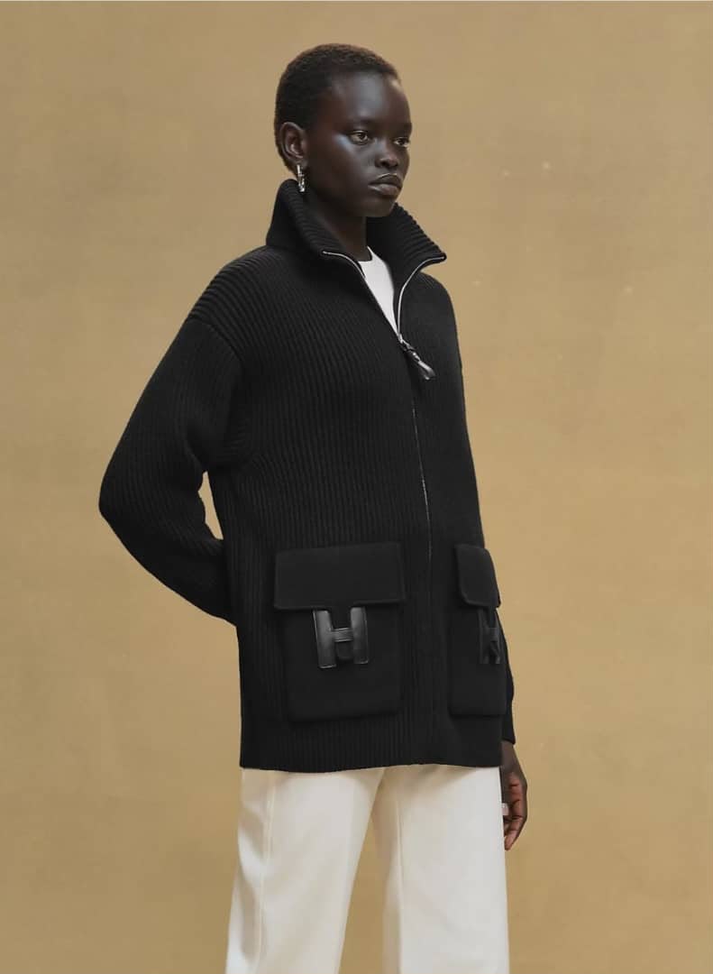 Hermès Ribbed Knit Zip-Up Cardigan with Leather
