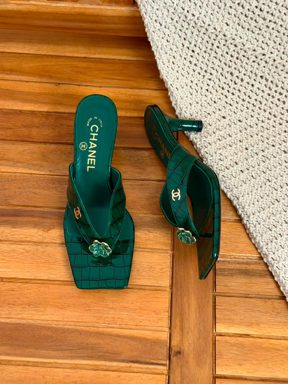 Chanel Camellia CC Logo Thong Heeled Sandals