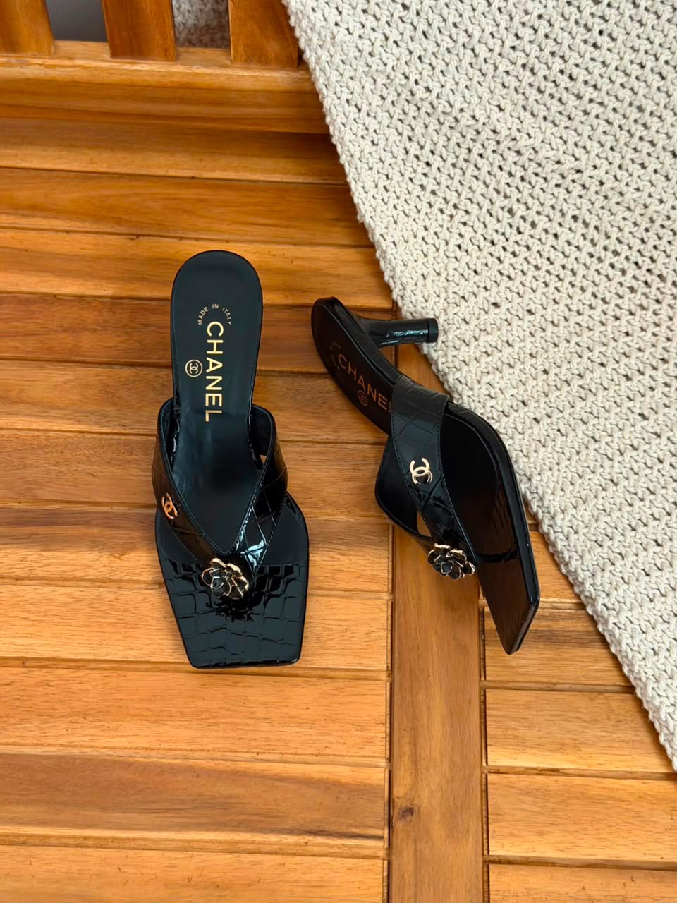 Chanel Camellia CC Logo Thong Heeled Sandals