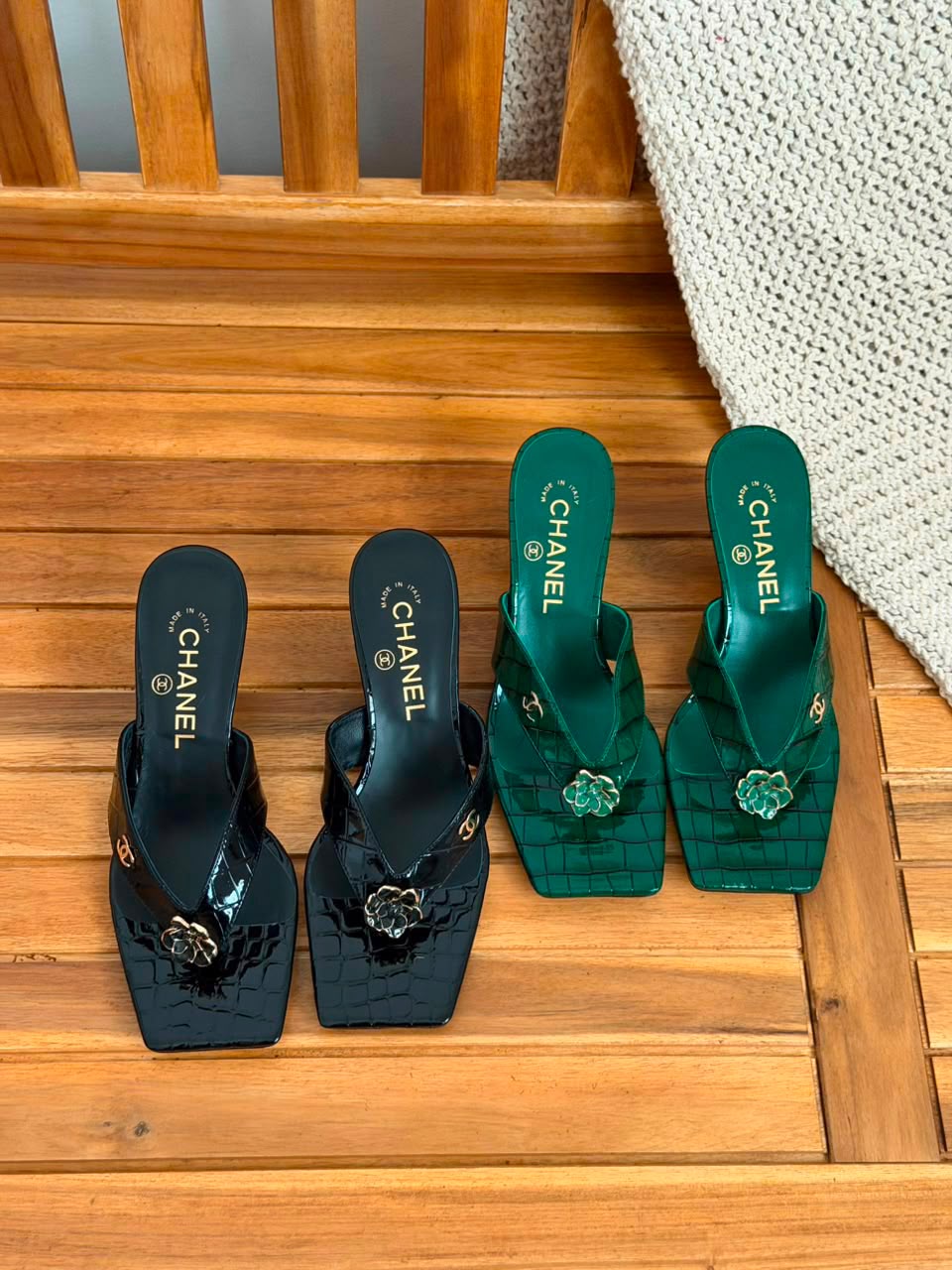 Chanel Camellia CC Logo Thong Heeled Sandals