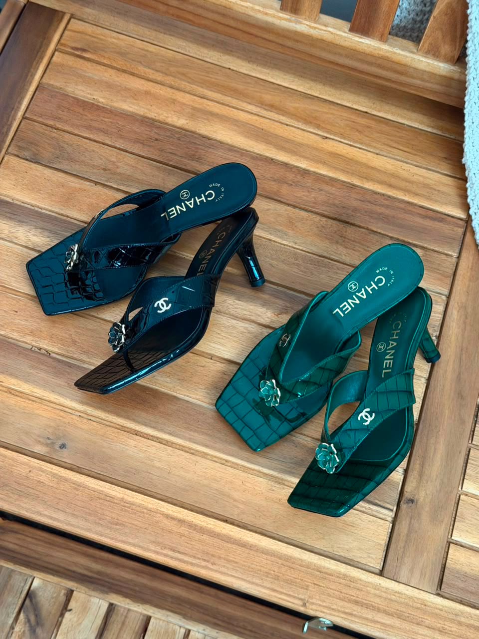 Chanel Camellia CC Logo Thong Heeled Sandals